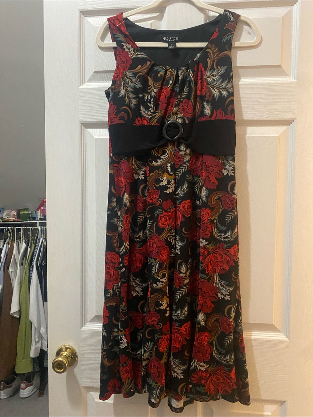Perceptions Black Floral Midi Dress with Red and Gold Accents